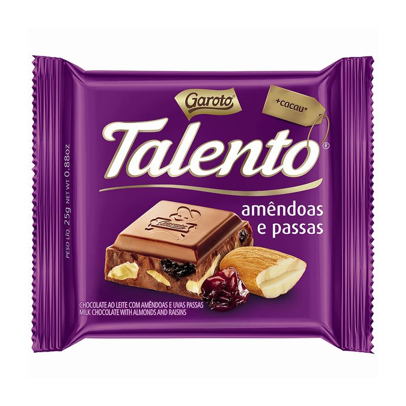 Chocolate Ao Leite Amêndoas e Passas Garoto Talento Pacote 25g
